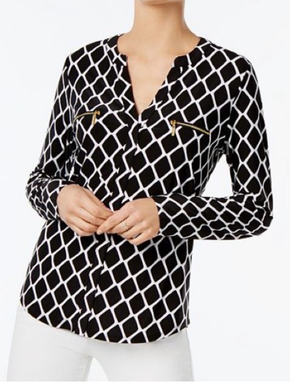 INC International Concepts Black & White Geometric Zip-Pocket Blouse